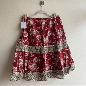 Liz & Co Cranberry and Tan Floral Boho A-Line Full Skirt NWT Sz 8